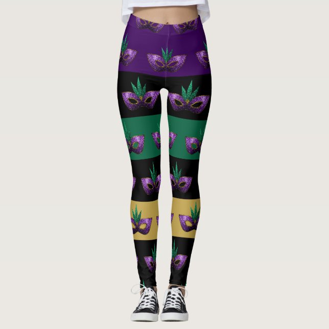 Mardi Gras Mask Funkelnd Lila grüne Linien Leggings (Vorderseite)