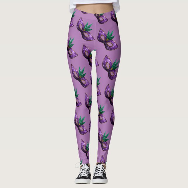 Mardi Gras Mask Lila Funkelnd Mustertuch Leggings (Vorderseite)