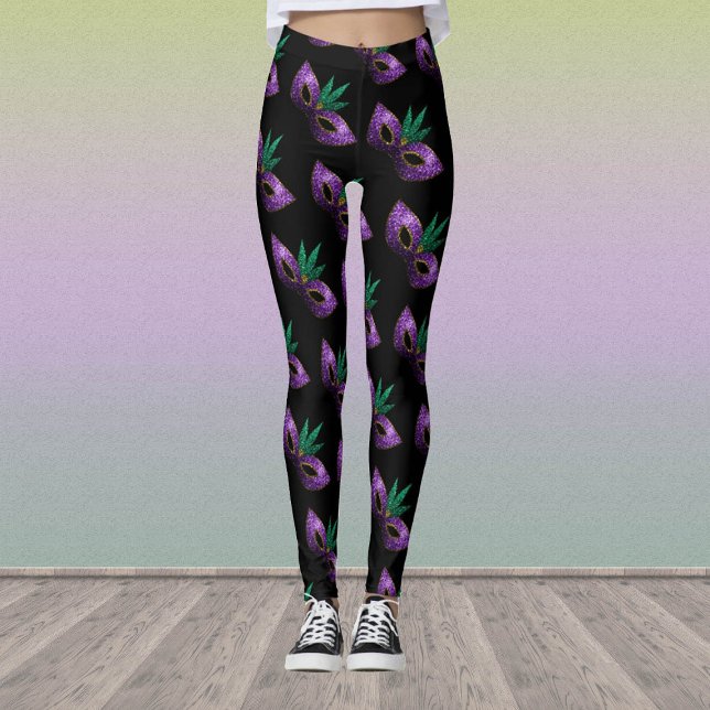 Mardi Gras Mask Lila Grün Funkelnd Muster schwarz Leggings (Von Creator hochgeladen)