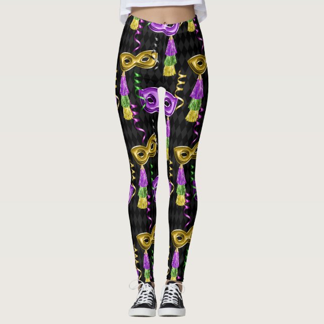 Mardi Gras Mask Muster Gold Lila Leggings (Vorderseite)