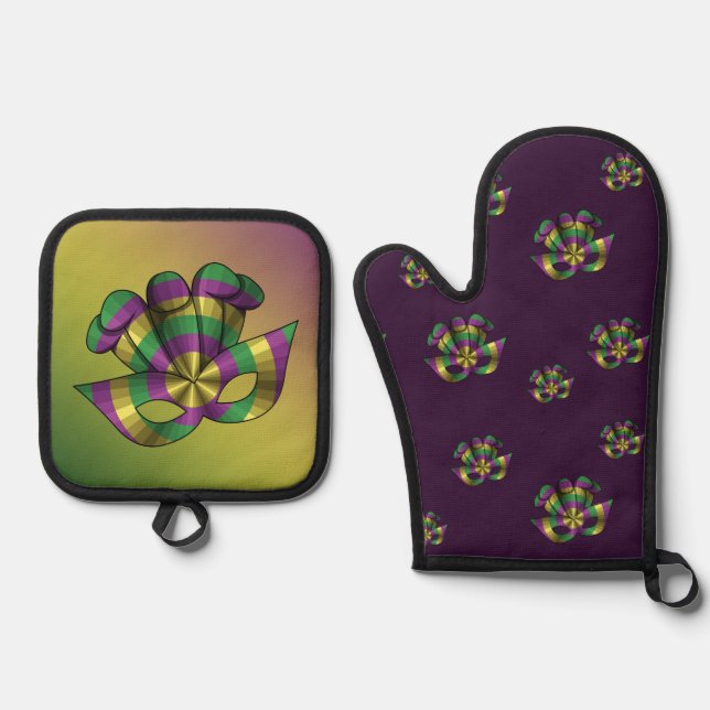 Mardi Gras Mask Ofenhandschuh & Topflappen-Set (Vorderseite)