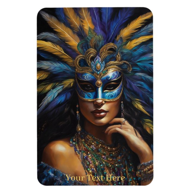 Mardi Gras Maske Feathers Beads Custom Text Lady Magnet (Vertikal)