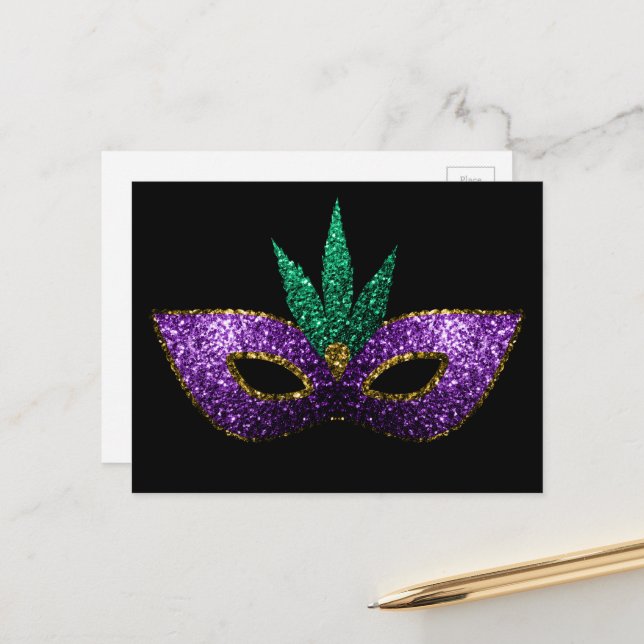 Mardi Gras Maske Lila grüne Glitzern schwarz Postkarte (Vorderseite/Rückseite Beispiel)