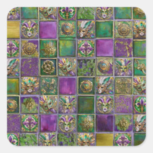 Mardi Gras Masken Federn Fleur de lis Fliesen Druc Quadratischer Aufkleber