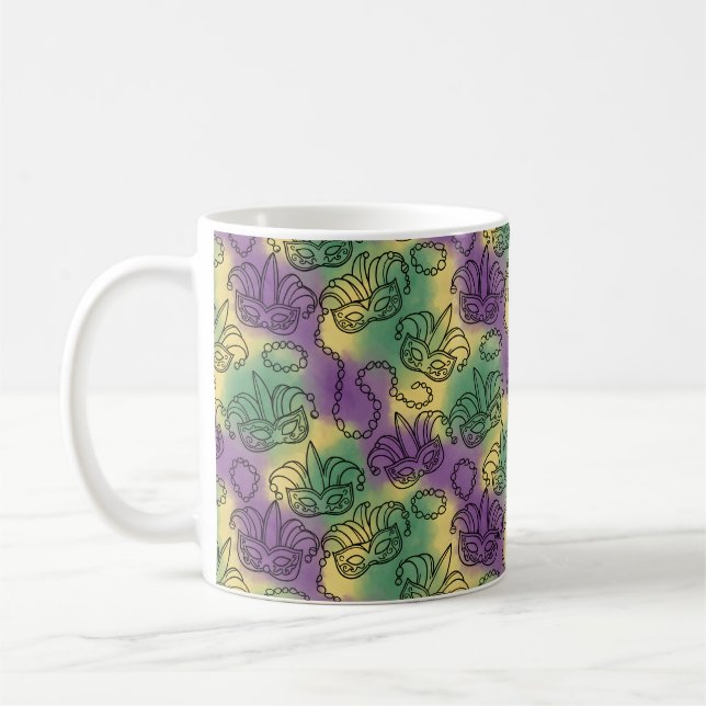 Mardi Gras Masken und Perlen Doodle Kunststil Kaffeetasse (Links)