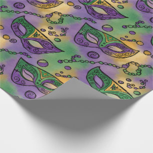 Mardi Gras Masken und Perlen Lila Grün Gelb Geschenkpapier