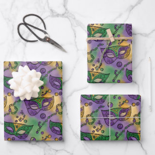 Mardi Gras Masken und Perlen Lila Grün Gelb Geschenkpapier Set