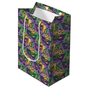 Mardi Gras Masken und Perlen Lila Grün Gelb Mittlere Geschenktüte