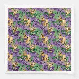 Mardi Gras Masken und Perlen Lila Grün Gelb Serviette