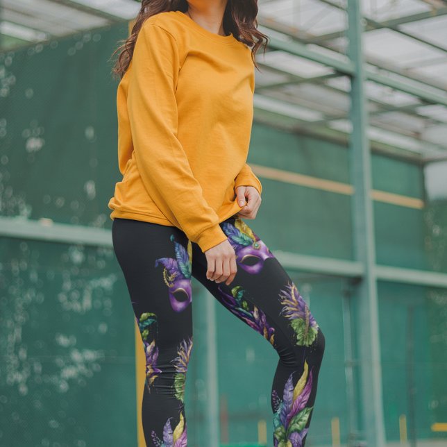 Mardi Gras Maskenmuster Blätter Wasserfarbe Leggings (Von Creator hochgeladen)