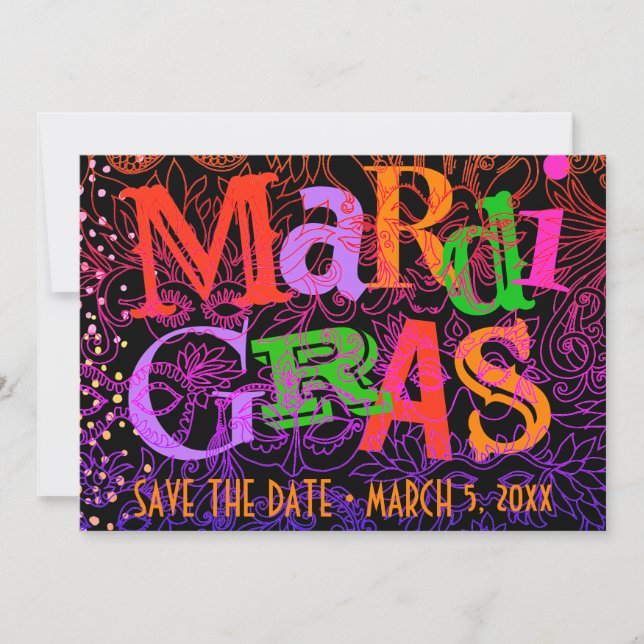 Mardi Gras maskiert farbenfrohe Typografie Save th Einladung (Vorderseite)