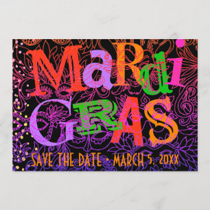 Mardi Gras maskiert farbenfrohe Typografie Save th Einladung