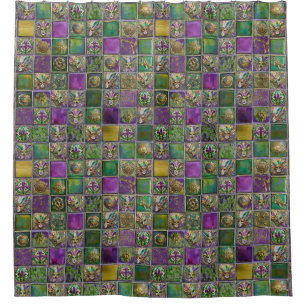 Mardi Gras Masks Feathers Lilie Tile Print Duschvorhang