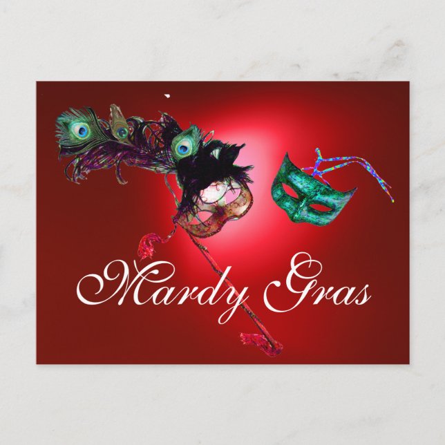 MARDI GRAS MASQUERADE Edelrot Postkarte (Vorderseite)