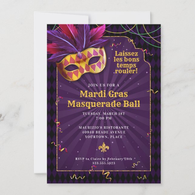 Mardi Gras Masquerade, Fett Dienstag Party Einladung (Vorderseite)