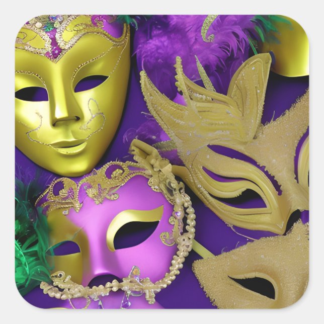 Mardi Gras, Masquerade, lila und Gold Quadratischer Aufkleber (Vorderseite)