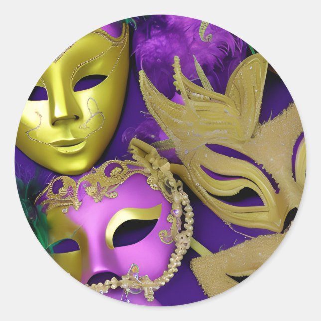 Mardi Gras, Masquerade, lila und Gold Runder Aufkleber (Vorderseite)