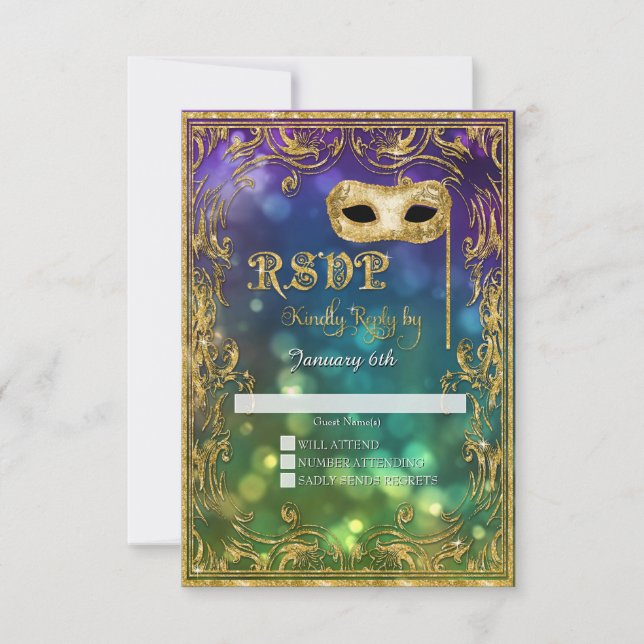Mardi Gras Masquerade Maske Gold Glitzer UAWG RSVP Karte (Vorderseite)