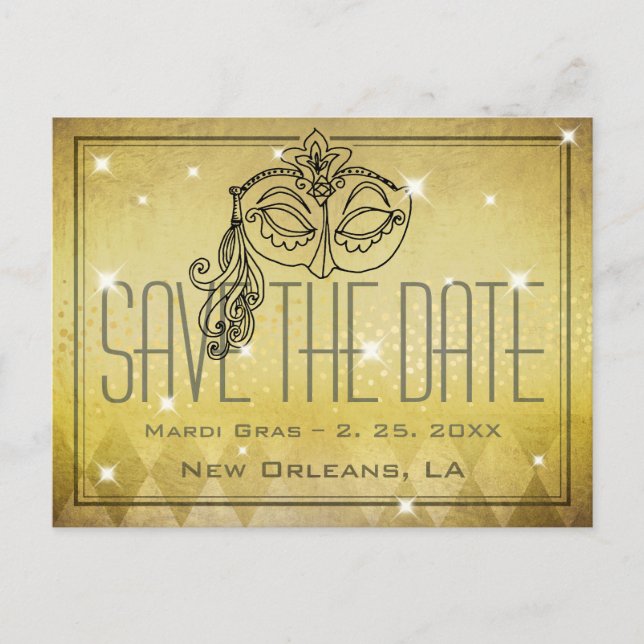 Mardi Gras Masquerade Maske Gold Save the Date Postkarte (Vorderseite)