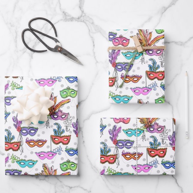Mardi Gras Masquerade Masken Helle Farbe Geschenkpapier Set (Vorderseite)
