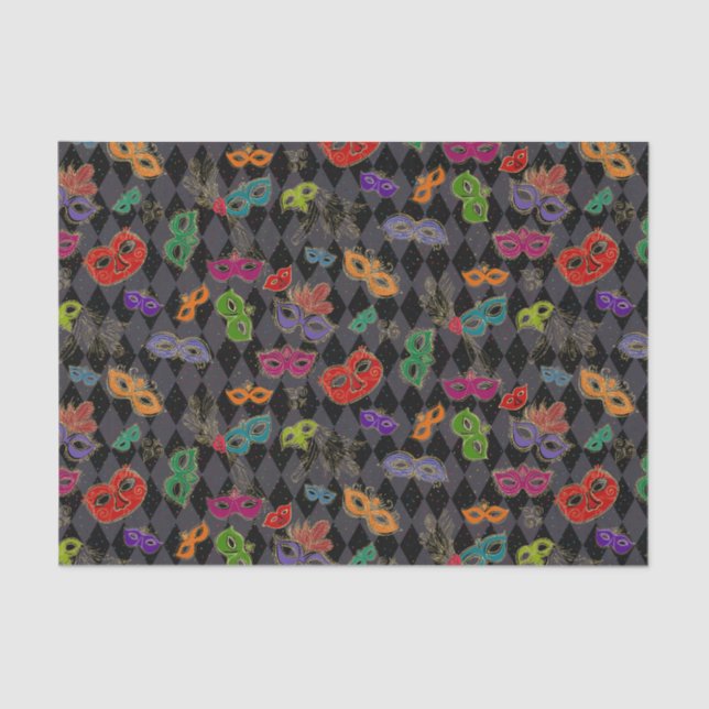 Mardi Gras Masquerade Masken Schwarzes Harlequin Seidenpapier (Vorderseite)