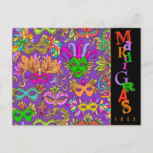 Mardi Gras Masqurade maskiert farbenfrohe Typograf Postkarte