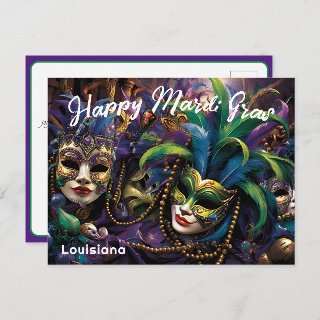 💚 💜 💛 Mardi Gras mit schönen Masken Postkarte (Vorne/Hinten)