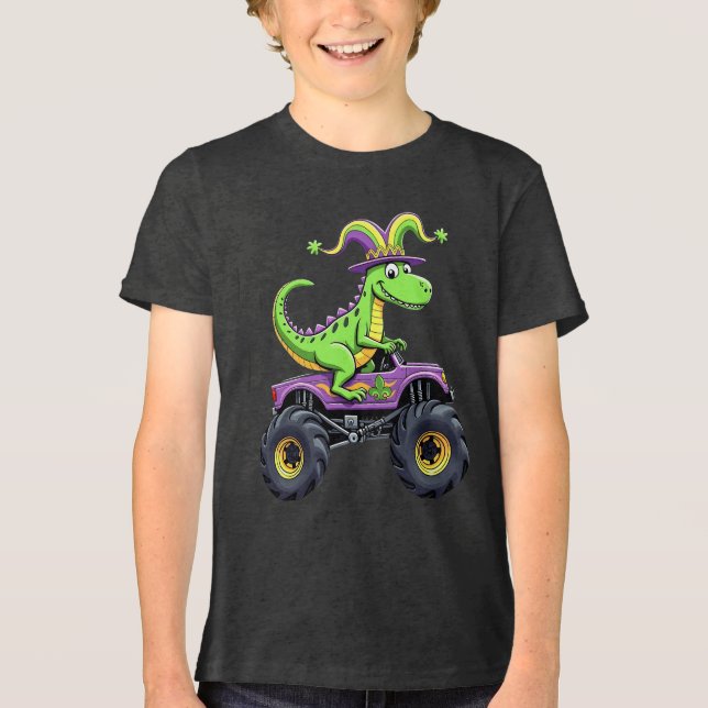Mardi Gras Monster Truck Dinosaur rex Tri-Blend Shirt (Vorderseite)