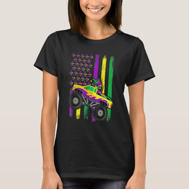Mardi Gras Monster Truck Jester Beads Flag Shirt,  T-Shirt (Vorderseite)