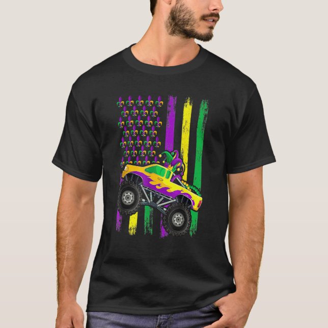 Mardi Gras Monster Truck Jester Beads Flag Shirt,  T-Shirt (Vorderseite)
