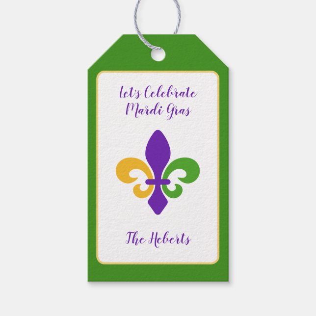 Mardi Gras NAME Green Gold Purple Fleur de Lis Geschenkanhänger (Vorderseite)