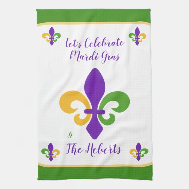 Mardi Gras NAME Green Gold Purple Fleur de Lis Geschirrtuch (Vertikal)