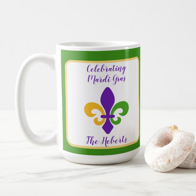 Mardi Gras NAME Green Gold Purple Fleur de Lis Kaffeetasse (Mit Donut)