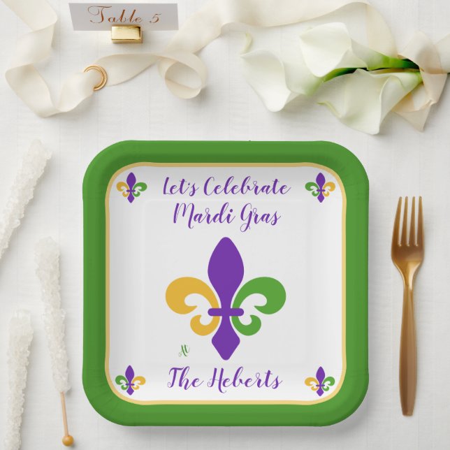 Mardi Gras NAME Green Gold Purple Fleur de Lis Pappteller (Hochzeit)
