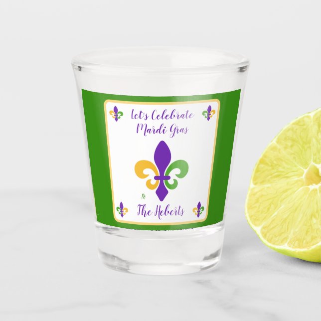 Mardi Gras NAME Green Gold Purple Fleur de Lis Schnapsglas (Vorderseite)