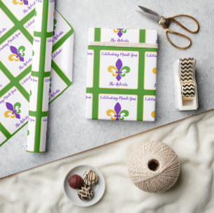 Mardi Gras NAME Grün Gold Lila Fleur de Lis Geschenkpapier