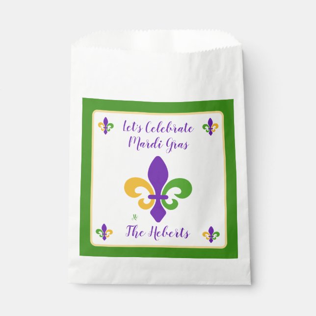 Mardi Gras NAME Grün Gold Lila Fleur de Lis Geschenktütchen (Vorderseite)