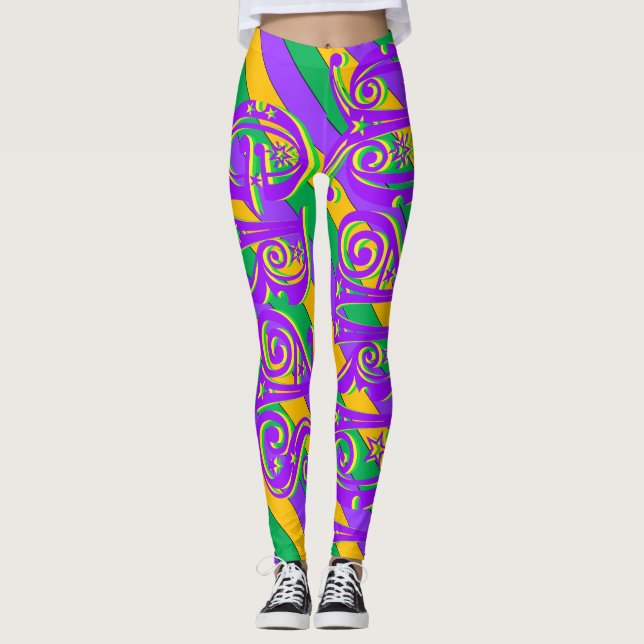 Mardi Gras New Orleans Lila, grüner Gelber Text Leggings (Vorderseite)