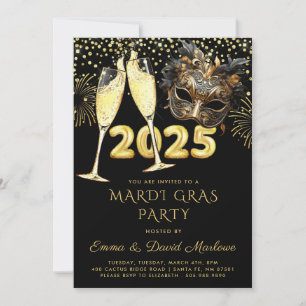 Mardi Gras Party 2025 Black Gold Glitzer Einladung