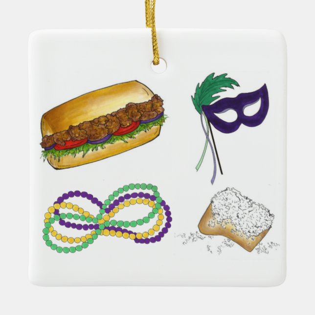 Mardi Gras Party Beads Beignet Po'Boy Maske Keramikornament (Vorderseite)