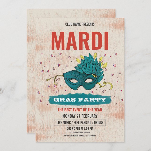 Mardi Gras Party Einladung (Vorne/Hinten)