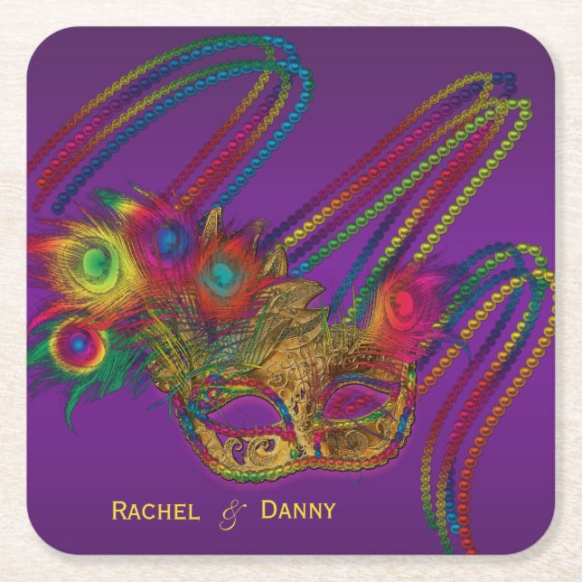 Mardi Gras Party Personalisiert Drink Coasters Rechteckiger Pappuntersetzer (Vorderseite)