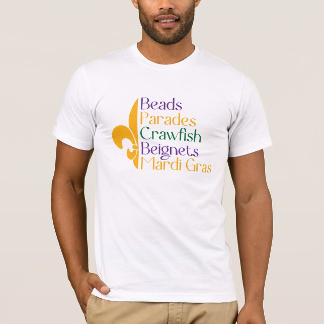 Mardi Gras Perlen Paraden Langusten Beignets T-Shirt (Vorderseite)