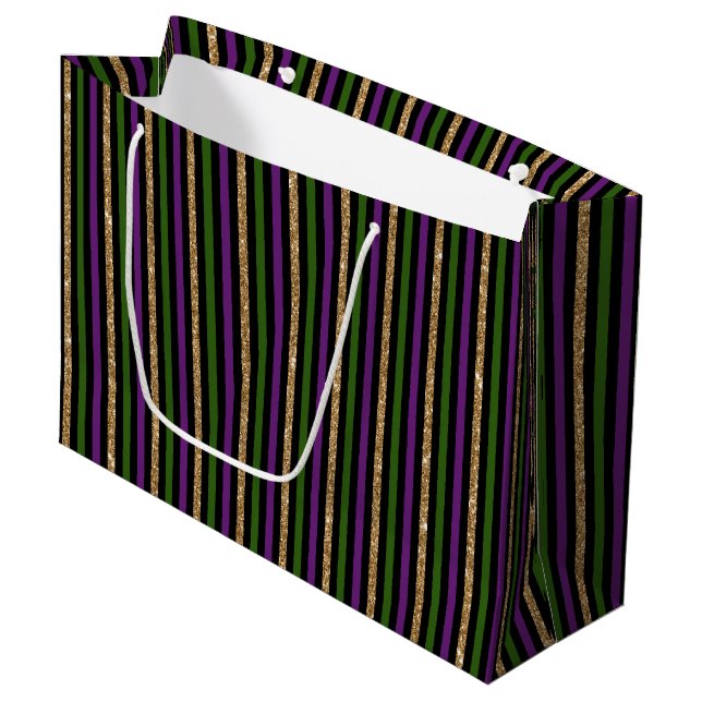 Mardi Gras Purple Green Black Faux Gold Stripes  Große Geschenktüte (Vorderseite Schrägansicht)