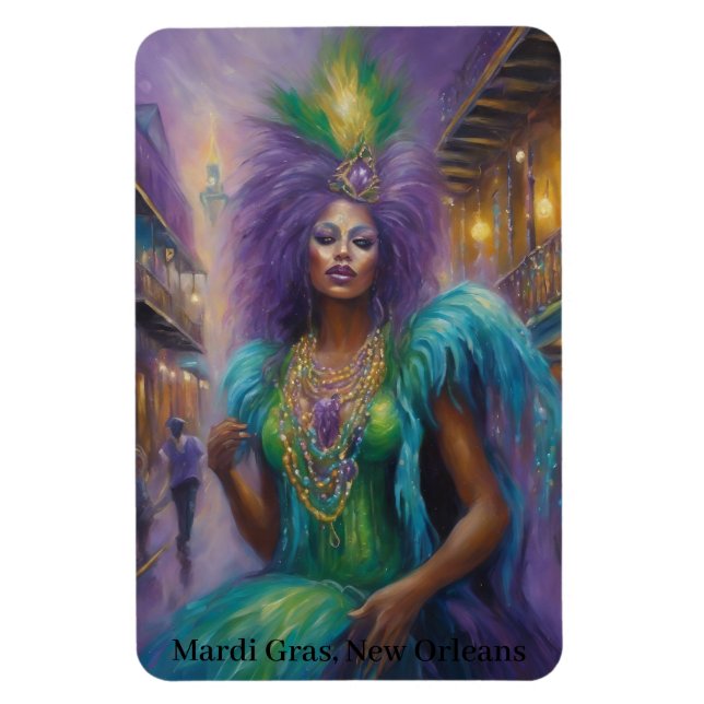 Mardi Gras Queen in Costume Feathers & Beads Text Magnet (Vertikal)