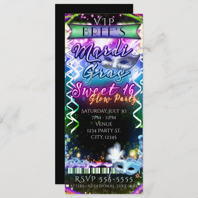 Mardi Gras Rainbow Glow VIP SWEET 16 Party Ticket Einladung (Vorne/Hinten)