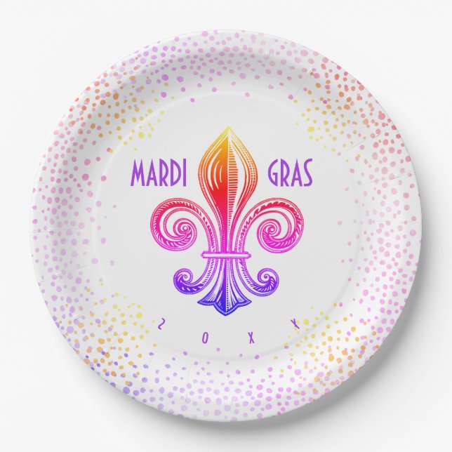 Mardi Gras Rainbow Lilie mit Confetti Pappteller (Vorderseite)