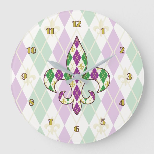 Mardi Gras Raute Clock Große Wanduhr (Vorderseite)