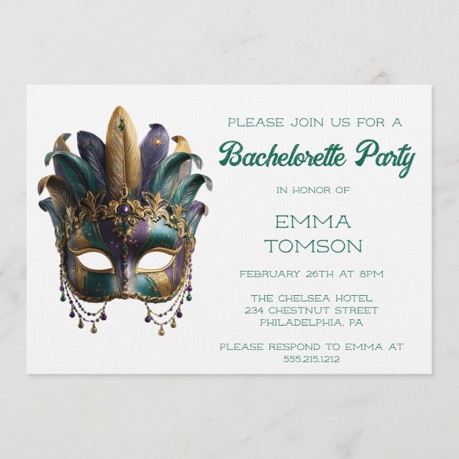 Mardi Gras Regal Feather Mask Bachelorette Party Einladung (Vorderseite)
