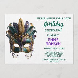 Mardi Gras Regal Feather Mask Birthday Einladung